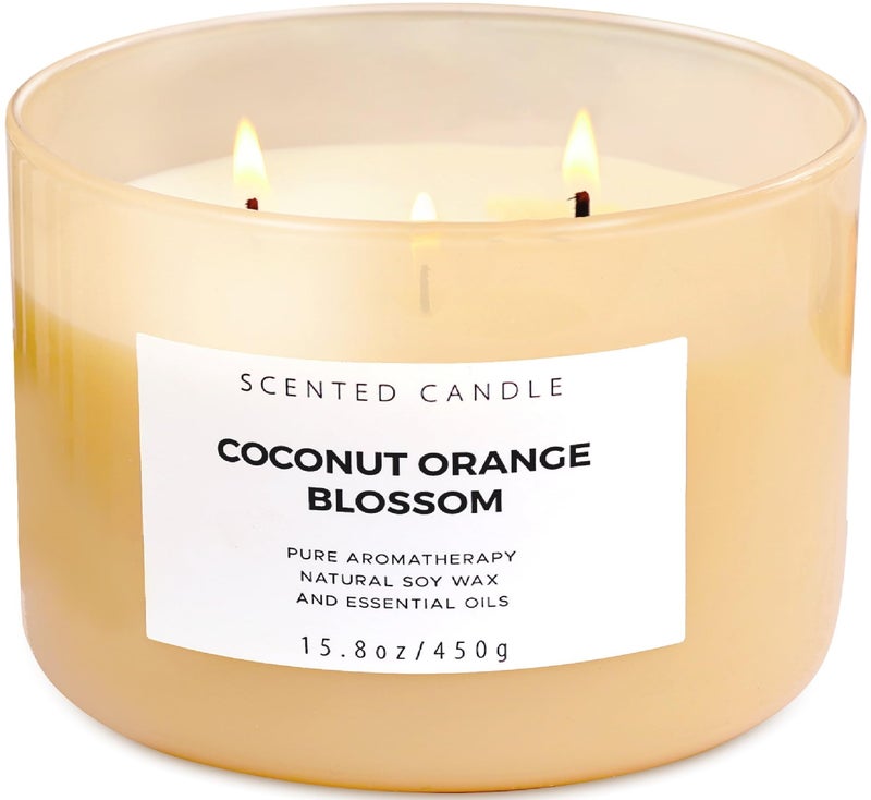 Coconut Orange Blossom 3Wick Soy Candle 158 oz Highly Scented Clean Burn LongLasting Large Aromatherapy Stress Relief Candle Gift Candles for Women Men